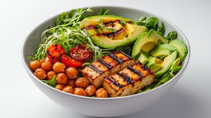 A fresh and healthy bowl filled with grilled tofu, creamy avocado slices, roasted chickpeas, ripe tomatoes, and vibrant greens, presented against a clean background.