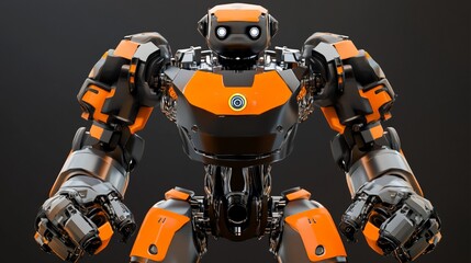Advanced technology robot, cyborg, mechanical, design, engineering, and futuristic concepts display, with a blend of orange and black