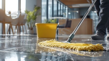 Floor cleaning with a mop in an office area. A yellow bucket sits nearby. Bright lighting. Hygienic floor maintenance.