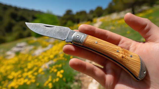 Canif artisanal tenu en main, fond flou de nature