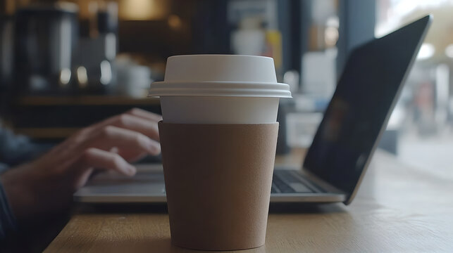 Close-up of Coffee Cup and Laptop on Wooden Table