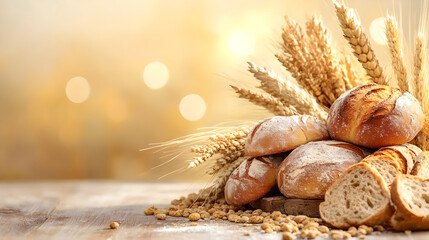 Fototapeta premium Assortment of Fresh Bread and Wheat Ears on Wooden Table