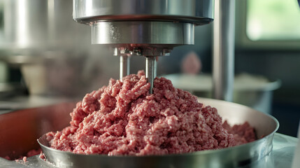 Close-up of Industrial Meat Grinder Processing Raw Meat
