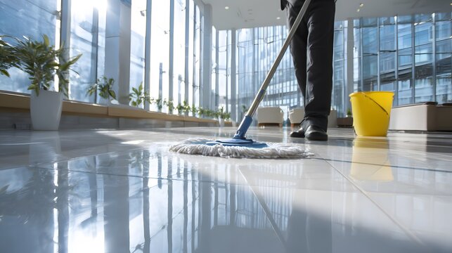 A maintenance worker mops the pristine floors of an expansive office lobby, highlighting cleanliness and care in the workspace.