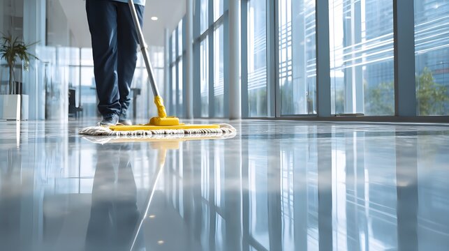 Polished floors reflect light as a worker mops an office space, maintaining cleanliness and hygiene with diligence.