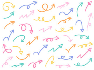 Fototapeta na wymiar 手書きのゆるい矢印アイコンのベクターイラストセット。方向、手描き、シンプル、やじるし
