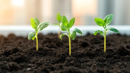 Thriving green seedlings growing in fertile soil