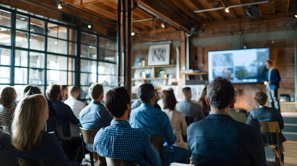 A presenter speaks to an audience gathered in a light-filled room with exposed brick and wooden beams, watching a presentation on a screen.