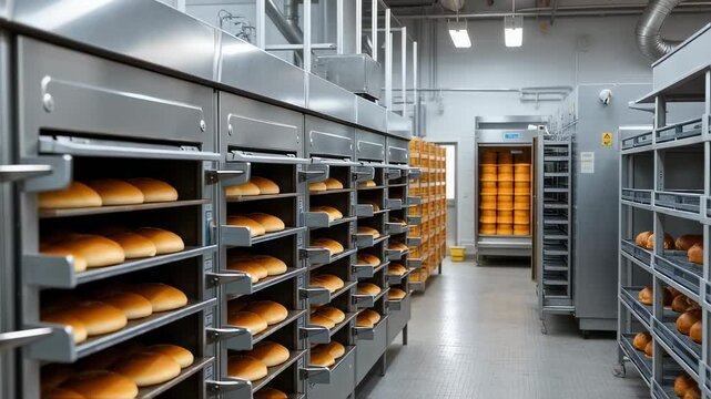 Industrial bakery showcases freshly baked bread loaves on shelves in factory