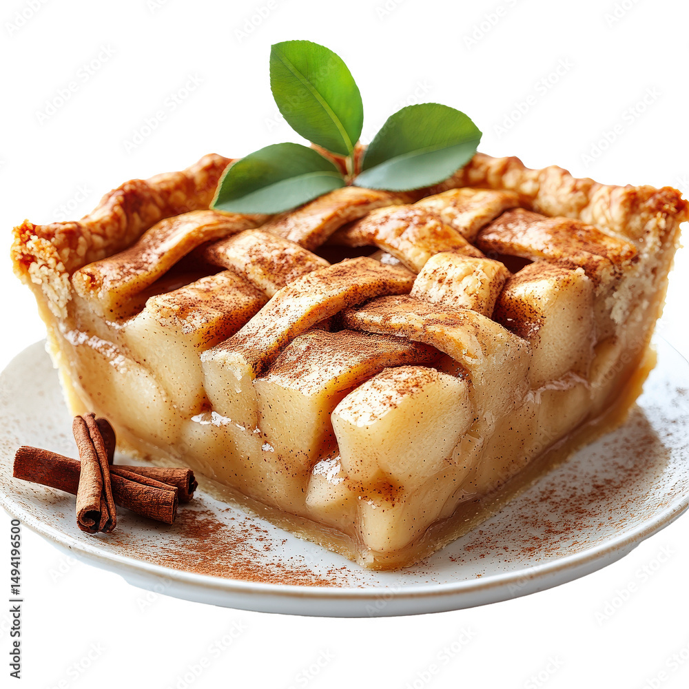 Aufkleber slice of apple pie with golden crust and cinnamon is plated, topped with fresh green leaves for garn