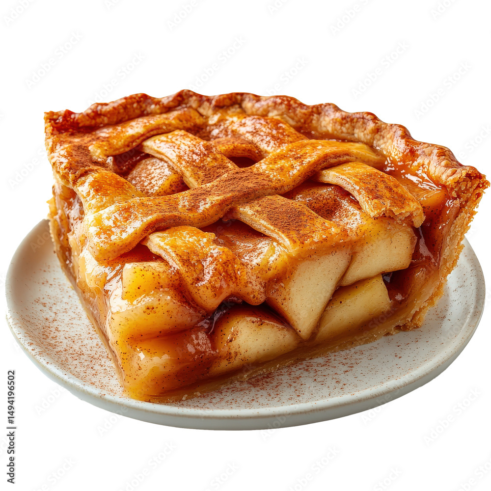 Poster slice of apple pie with golden crust and cinnamon is plated, showcasing juicy apple filling and latt