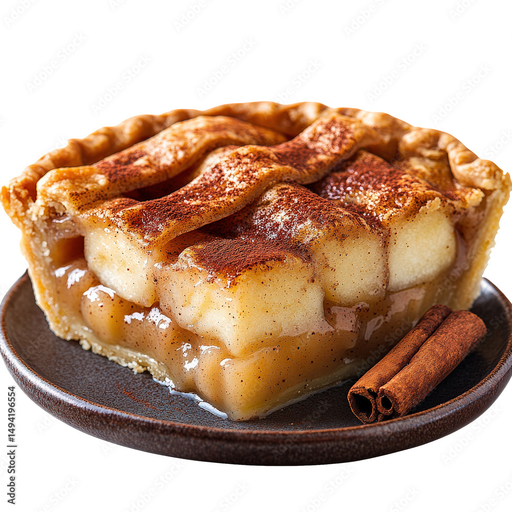Poster slice of apple pie with golden crust and cinnamon is plated, showcasing its delicious filling and in