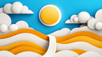 Illustrative Paper Craft Landscape with Golden Sun and Stylized Clouds Against Blue Sky