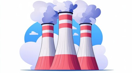 Industrial Power Plant with Smokestacks Emitting Clouds in Blue Sky