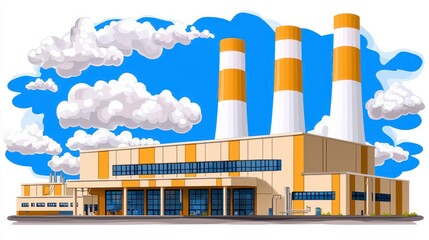 Industrial Power Plant with Yellow and White Smokestacks Against Cloudy Blue Sky