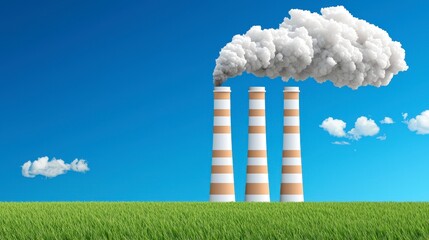 Industrial Smoke Stacks Releasing Emissions Against a Bright Blue Sky and Green Grass Field