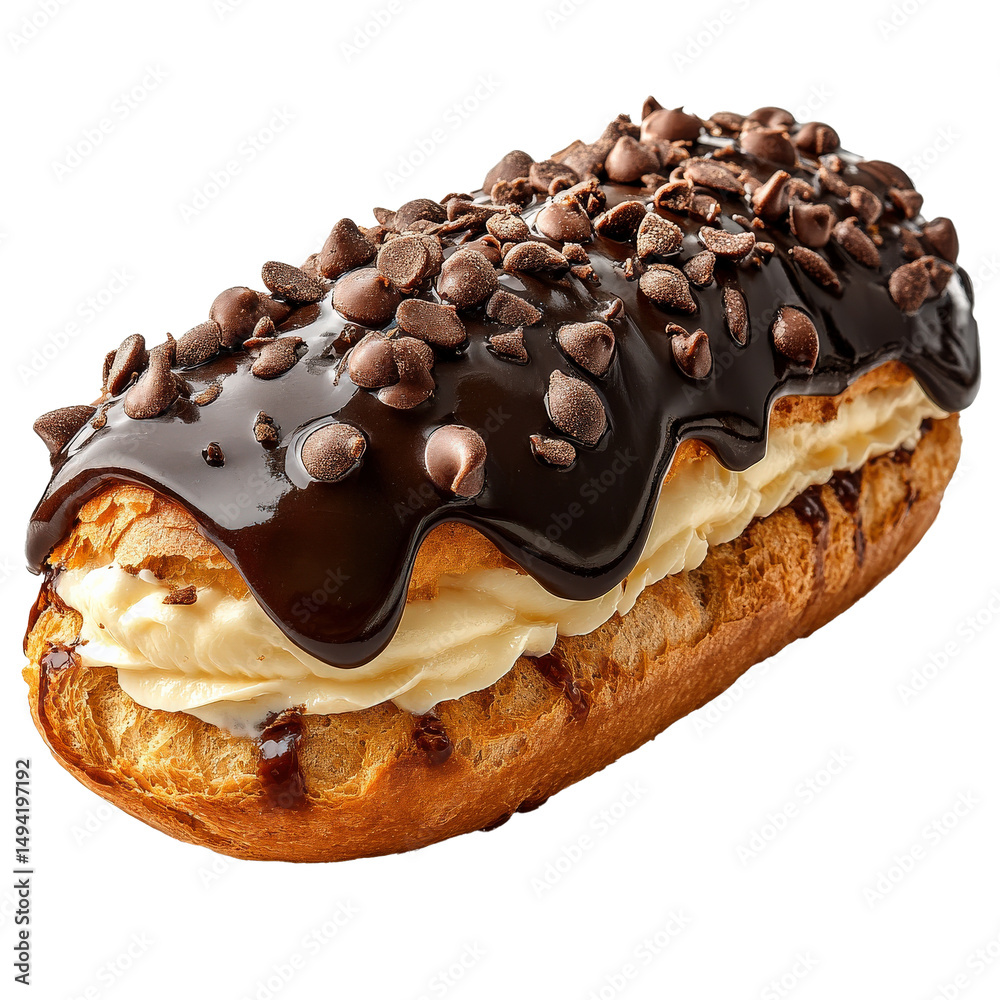 Poster chocolate eclair filled with cream topped with glossy icing and chocolate chips, creating delicious 