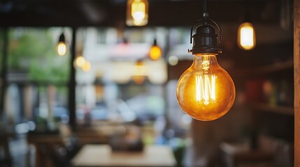 Vintage Edison Bulb Hanging in Cafe with Blurred Background with Warm Light.