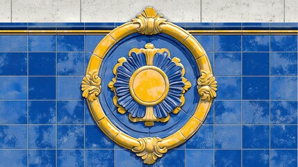 Intricate Blue and Yellow Tile Mosaic with Floral Motif on a Wall