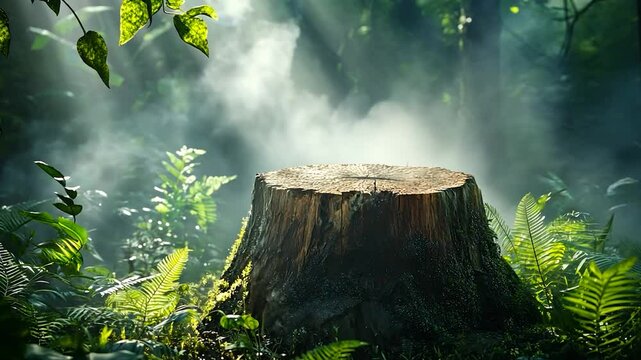 Misty forest stump surrounded by lush greenery