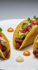 Delicious beef tacos with guacamole and salsa served on a white plate for a tasty mexican meal