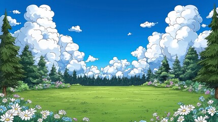 Lush Green Meadow Surrounded by Trees and Blossoming Flowers Under a Bright Blue Sky