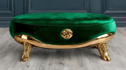 Luxurious Green Velvet Ottoman with Golden Legs in Elegant Interior Setting