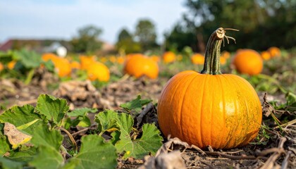 Autumnal Abundance: A vibrant pumpkin sits prominently in a field, surrounded by others under a clear, blue sky, embodying the spirit of harvest.