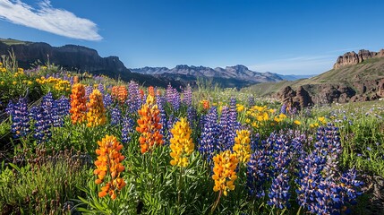 Fototapeta premium Vibrant Wildflower Field with Mountain Backdrop