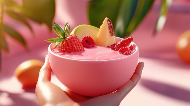 A hand holds a pink bowl filled with a vibrant pink smoothie topped with strawberries, raspberries, and melon, set against a lush tropical background. - Powered by Adobe