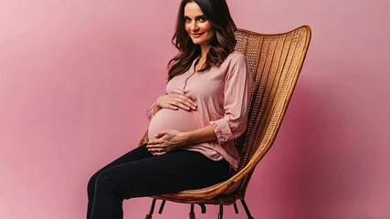 Pregnant woman in a wicker chair against a pink background - Powered by Adobe