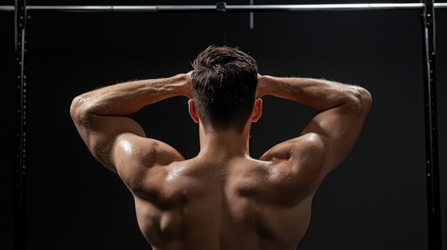 From behind, a muscular man with a toned back prepares for a pull-up, his hands placed behind his head, sweat glistening in a studio setting on black background.