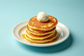 Tempting Ricotta Pancakes: Elegant Fine Dining Photography with Pastel Blue Background