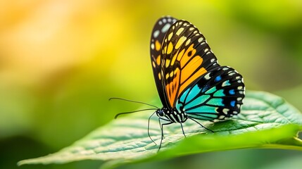 Fototapeta premium Vibrant butterfly perched on a leaf in the soft sunlight