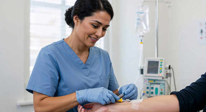Intravenous nurse administering IV theraphy to outpatient