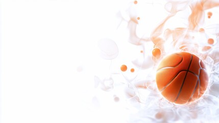 Basketball amidst glowing smoke and orbs on white background