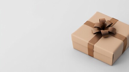 Obraz premium Beige gift box with brown ribbon on white backdrop, present for celebration