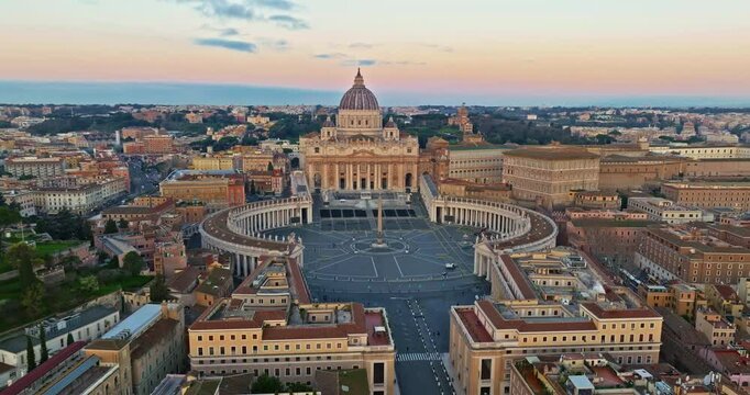 Aerial shot of the Vatican city state in Rome, Italy. Drone view of Saint Peter Basilica in Vatican State. Rome, Italy. A tourist attraction for all religious people