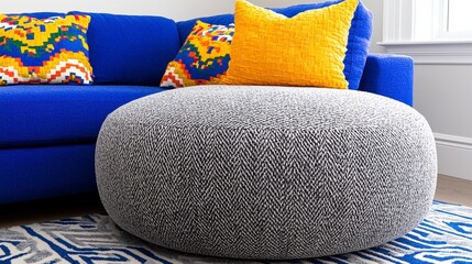 Modern Living Room With Textured Blue Sofa Colorful Cushions and Round Black and White Ottoman