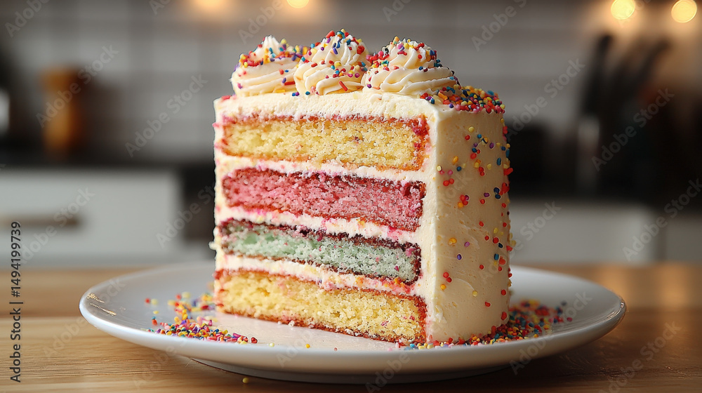 Poster slice of colorful layered cake with vibrant pink, green, and yellow layers is topped with creamy fro