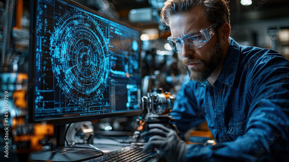 Poster Focused engineer wearing safety glasses works on detailed 3D CAD design displayed on computer screen, surrounded by high tech equipment in modern lab