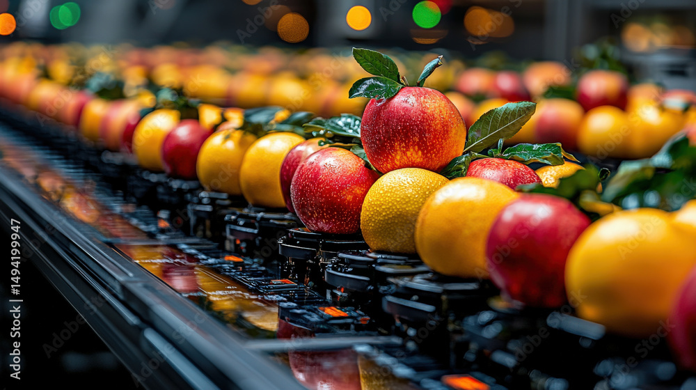 Poster Closeup of fruit labeling machine with apples and oranges being processed, showcasing vibrant colors and modern technology in factory setting