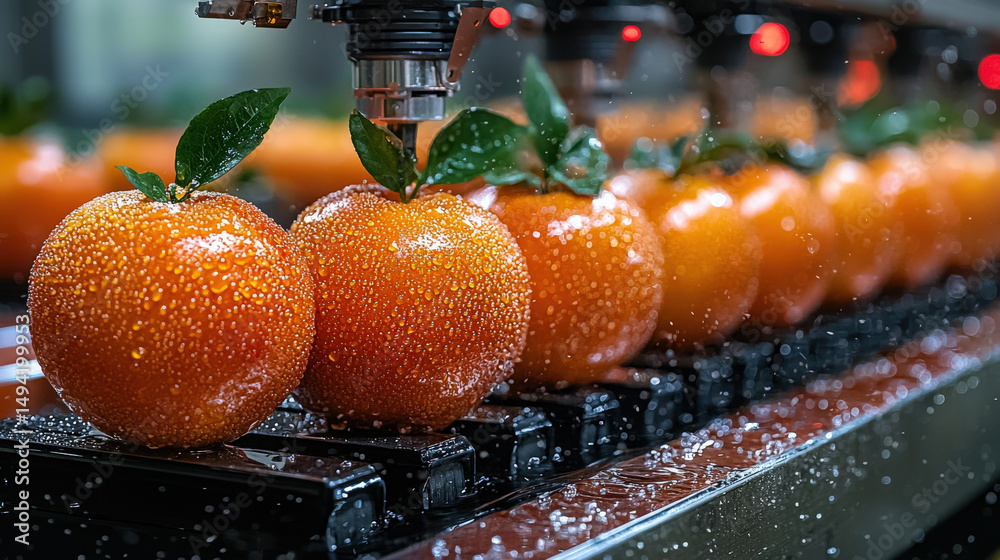 Aufkleber closeup of fruit labeling machine applying labels to fresh oranges with water droplets, showcasing p