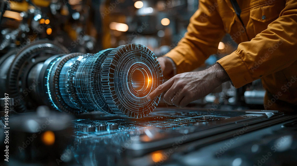 Poster Closeup of mechanical engineer using computer to design complex gear system, showcasing precision and innovation in engineering. scene is vibrant and detailed