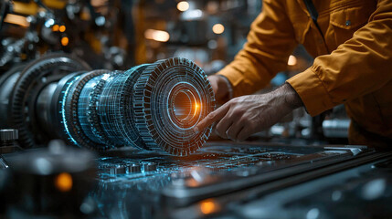 Closeup of mechanical engineer using computer to design complex gear system, showcasing precision and innovation in engineering. scene is vibrant and detailed