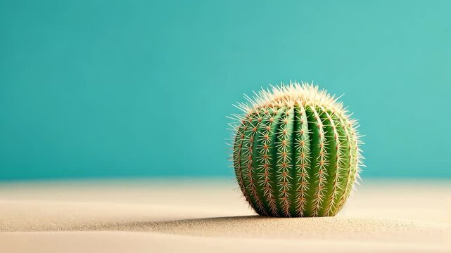 Vibrant green cactus with unique spines stands alone on sandy desert, set against calming turquoise background.
