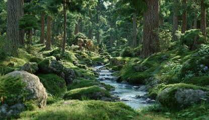 Lush Forest Stream Scene With Rocks And Trees