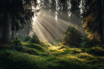 Fototapeta premium Sunlit Forest Path In Misty Morning