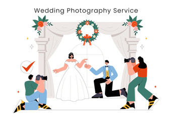 Wedding Photography Service Vector Illustration featuring a Bride and Groom Posing for a Photo Taken by a Photographer to the Important Moments