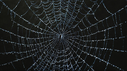 Fototapeta premium Wet spider web with glistening dew drops on a dark background, a macro nature pattern of an insect's intricate trap